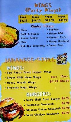 Chicken wing and burgers menu