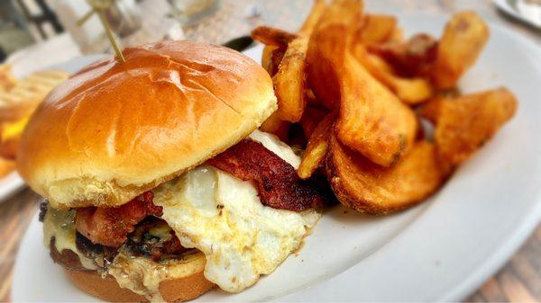 Black & Bleu burger with a fried egg, Sidewinder Fries