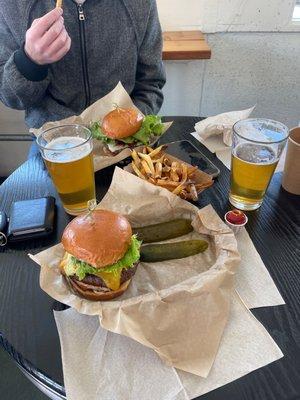 Dam Burger and CA Burger with large fries and beers