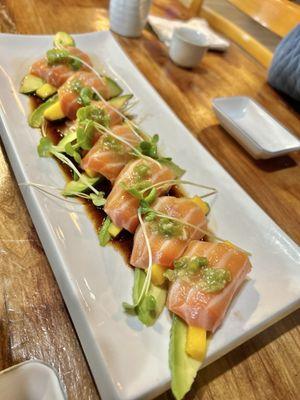 Sake Wrap Carpaccio - mango, avocado, wrapped in the freshest salmon!