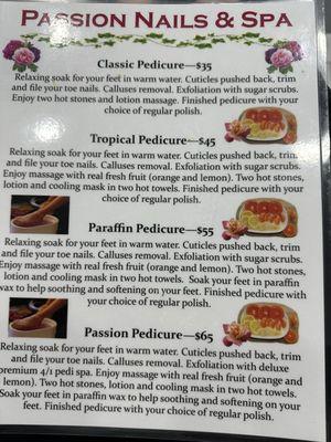 Pedicure Menu