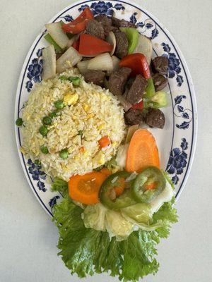 Bo Luc Lac with fried rice and side of fresh pickled veggies