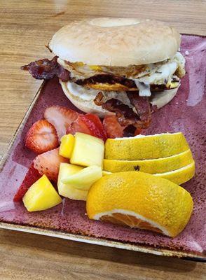 Bagel (bacon, eggs & cheese) served with fresh fruit 3 choices of bagel to choose from