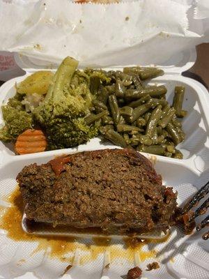 Best meatloaf on the planet, with mixed veggies and green beans.