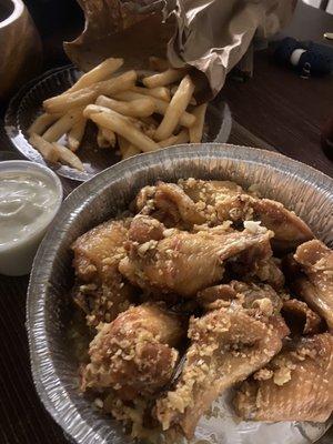 Fresh Garlic Parmigiana Chicken Wings and Fries