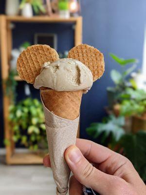 Cherry blossom milk tea topped with stroopwafel