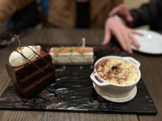 Tiramisu, chocolate cake and stracciatella tortoni cake