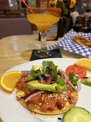 Tostada Ahi Tuna Ceviche and mango margarita