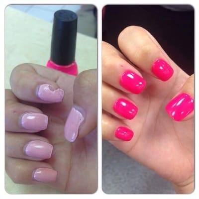 Left: trying a different salon Right: Hi-Li nails. Amazing as always! Never going anywhere else again.