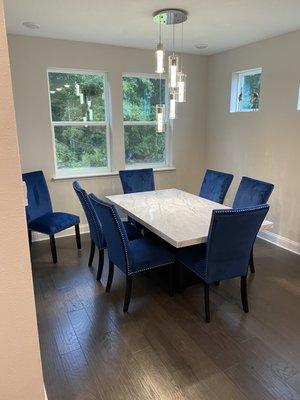 Marble top table (220lbs.) and beautiful blue chairs