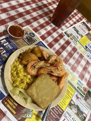 Steamed Shrimp, Corn, Cabbage