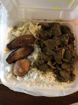 Curry goat, plantain, fries dumpling and white rice