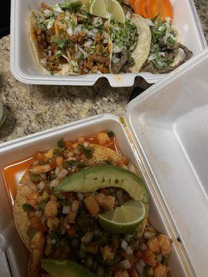 Ceviche, Al pastor and steak tacos