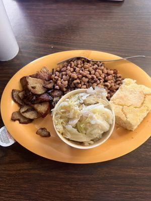 Vegetable plate - black eyed peas, fried potatoes, cabbage and cornbread