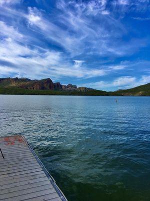 Saguaro lake, from the boat dock at the far end of the Ramada peninsula to the left of the marina.