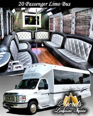 20 PASSENGER WHITE LIMO BUS WITH HARDWOOD FLOORS OR CARPET, 42" FLAT SCREEN TV, 15" FLAT SCREEN TV, PREMIUM DVD / AM / FM / C...