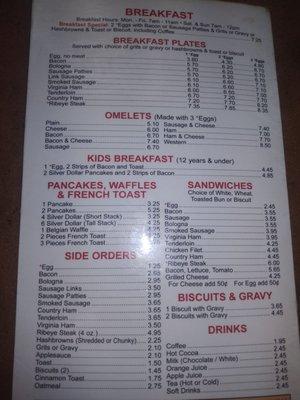 Breakfast menu as of January 2024.