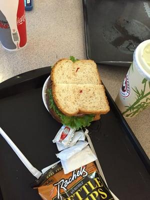 Roast beef, pepper jack cheese, lettuce, tomatoe, pickle, and onion, wheat every bread!