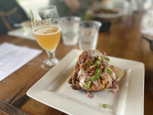 Chicken and Waffles with a glass of Neon Rainbows