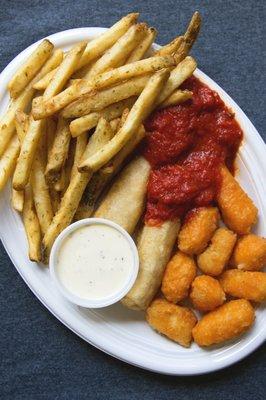 Saz's Festival-Famous Sampler Combo with Sour Cream & Chive Fries, Mozzarella Marinara, and Leinenkugel's Beer-Battered White Cheddar Curds