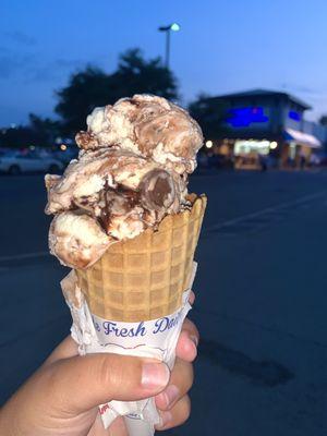 Buckeye single scoop in a waffle cone