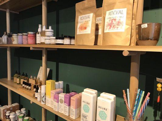 15 June 2019 -- inside - they have a very small retail section with various items for sale such as vegan deodorant, body scrub, etc.