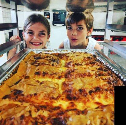 Kristine and Alex (our twins) craving a cheese pie while helping in the kitchen