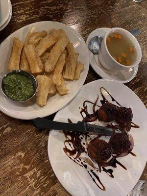 Yuca fries, fried goat cheese balls, soup