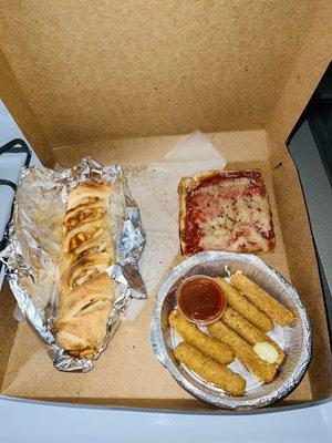 Chicken Roll, Sicilian, and Mozzarella Sticks