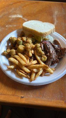 Brisket plate. With a side of fries and fried okra.