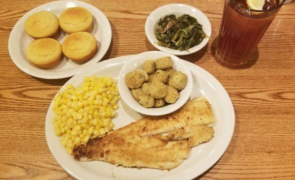 Cracker Barrel in Bowling Green, Kentucky. Haddock with corn, fried okra, turnip greens, and corn muffins.