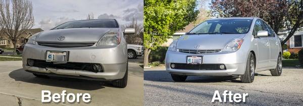 Before and after the front end repair of my '07 Prius.