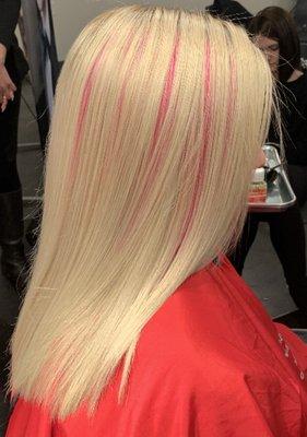 Lightest Blonde with micro-bead pink extensions added