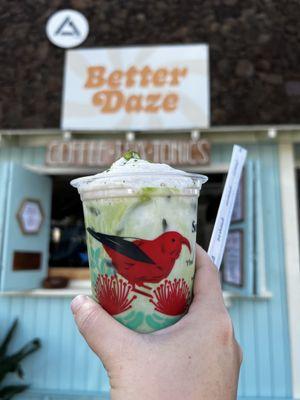 Iced coconut matcha latter with a drizzle of honey