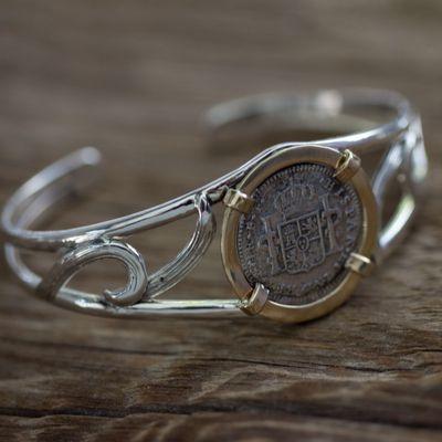 Authentic El Cazador Shipwreck coin mounted on silver and 14K bracelet