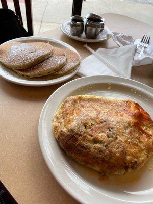 Sausage and Cheese Omelet, Blueberry Pancakes