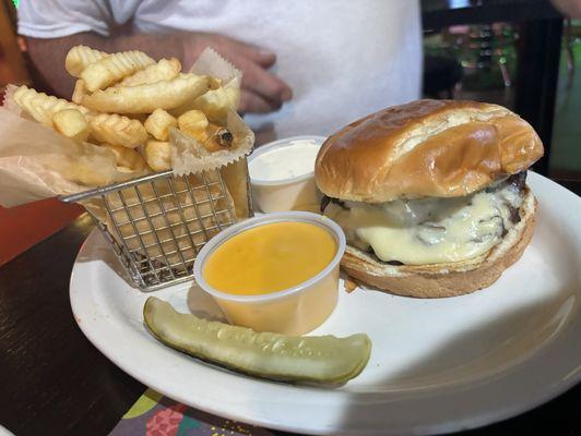 Mushroom Swiss burger cooked to order. Pics do not do this burger justice .mouthwatering so good