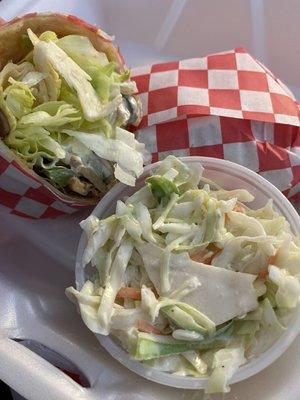 Chicken Cheesesteak in Wrap add Lettuce, side of Cole slaw. Recommend!!!