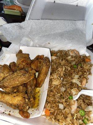 Honey Lemon Pepper Wings with Shrimp Fried Rice.