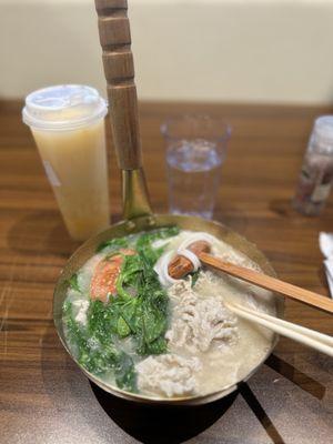 Pork pea sprout rice noodle soup.  Clean broth.  Add salt as needed.