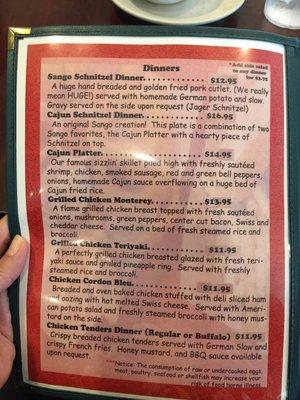 Dinner menu