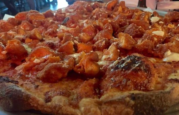 Close up of the buffalo chicken pizza. Very good and a lot of food!