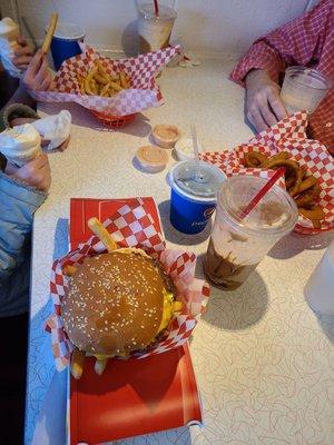 Cheeseburger meal, onion rings, peanut butter shake