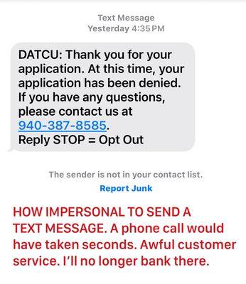 An impersonal text message instead of a phone call tells me that I no longer will bank there.