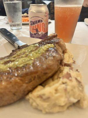 Savannah River Swamp Thing Beer, cowgirl ribeye, mashed potatoes