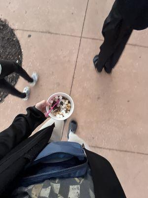 frozen yogurt with marshmallows,cheesecake bites,chocolate turtles,cookie dough bites,chocolate sprinkles