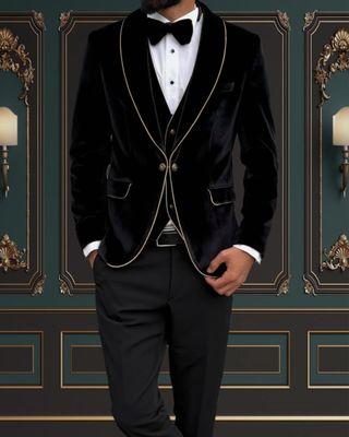 BLACK SLIM-FIT MENS VELVET TUXEDO 3 PIECE SHAWL LAPEL