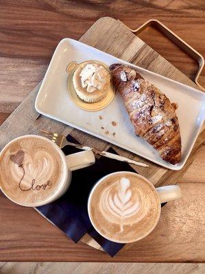 Salt caramel cheesecake, almond croissant, Irish cream breve, vanilla almond latte