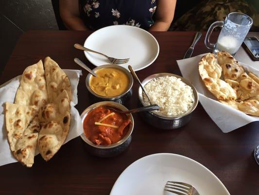 Butter Chicken, Shrimp Curry, rice and naan.