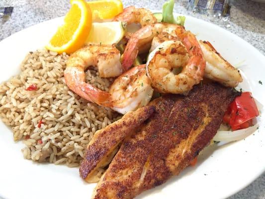 4 ounce grilled red snapper with six grilled jumbo shrimp.